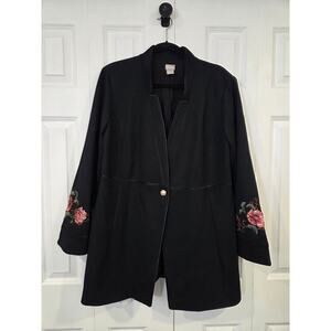 CHICO’S Black Floral Embroidered Ponte Long Jacket Coat Top Size 3 US 16/18